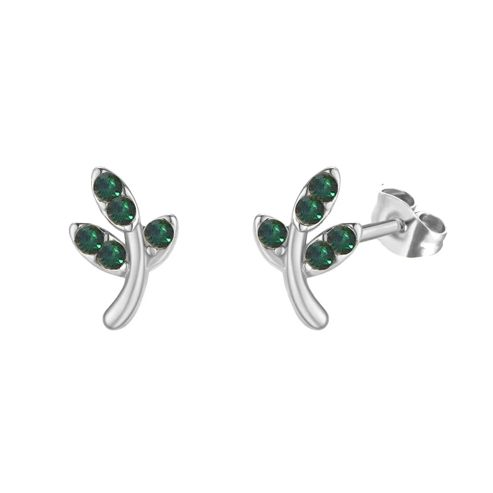 1 Pair Pastoral Leaf Inlay Titanium Steel Zircon Ear Studs