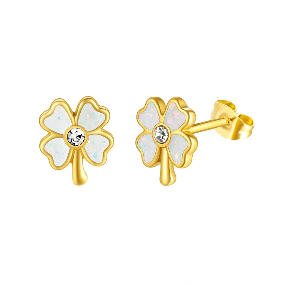 1 Pair Pastoral Leaf Inlay Titanium Steel Zircon Ear Studs