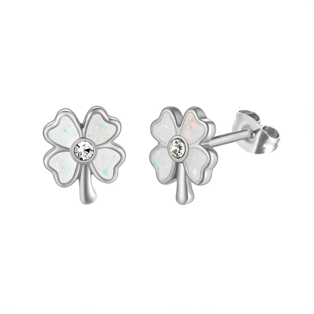 1 Pair Pastoral Leaf Inlay Titanium Steel Zircon Ear Studs