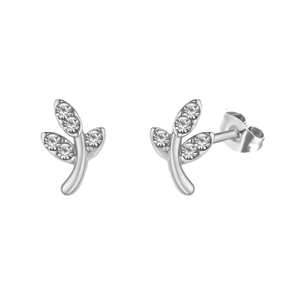 1 Pair Pastoral Leaf Inlay Titanium Steel Zircon Ear Studs