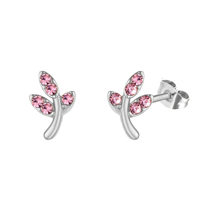 1 Pair Pastoral Leaf Inlay Titanium Steel Zircon Ear Studs