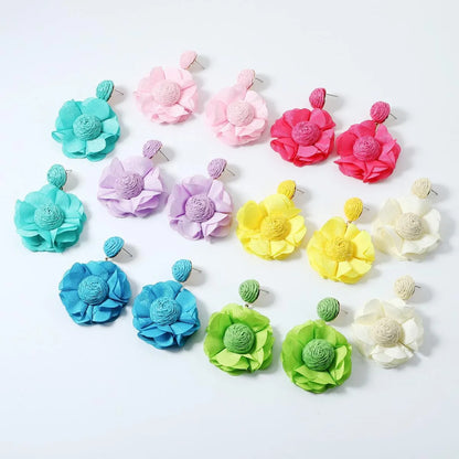 1 Pair Pastoral Streetwear Flower Cloth Raffia Drop Earrings