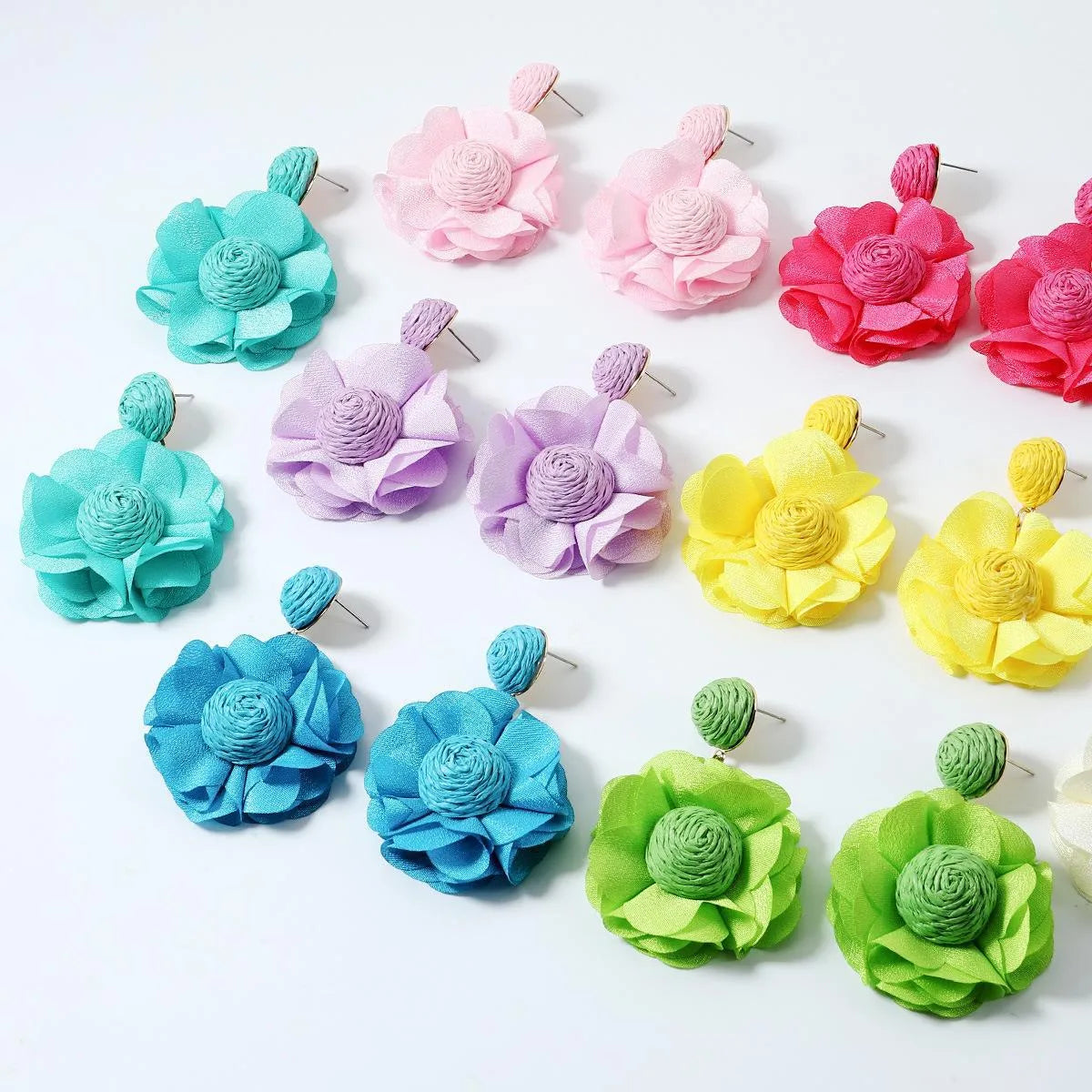 1 Pair Pastoral Streetwear Flower Cloth Raffia Drop Earrings