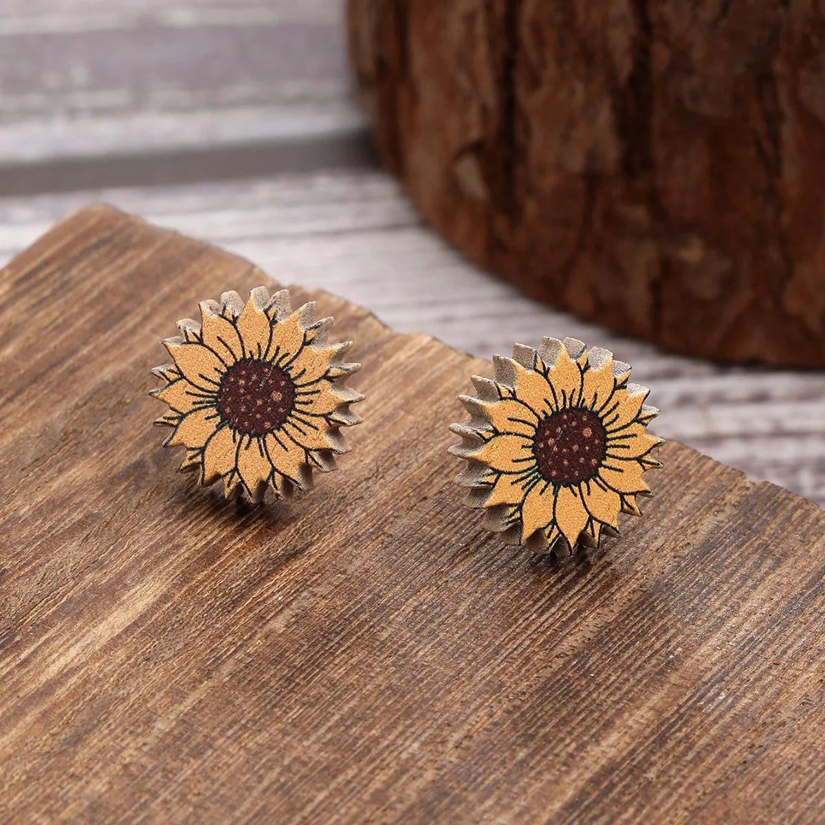 1 Pair Pastoral Sunflower Flower Wood Ear Studs