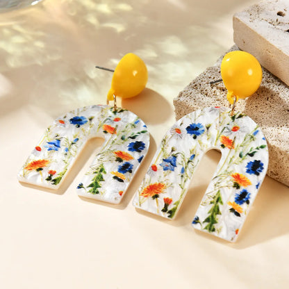 1 Pair Pastoral U Shape Flower Arylic Drop Earrings