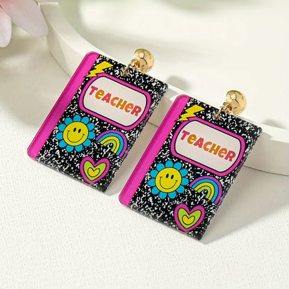 1 Pair Preppy Style Artistic Book Sunflower Letter Slice Printing Arylic Drop Earrings