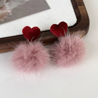 1 Pair Princess Cute Heart Shape Cloth Hairball Drop Earrings