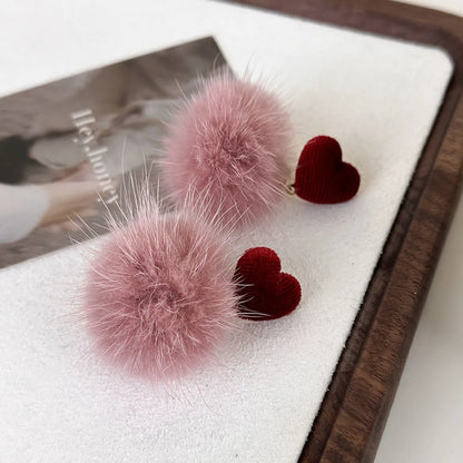 1 Pair Princess Cute Heart Shape Cloth Hairball Drop Earrings