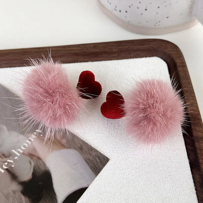 1 Pair Princess Cute Heart Shape Cloth Hairball Drop Earrings