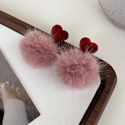 1 Pair Princess Cute Heart Shape Cloth Hairball Drop Earrings