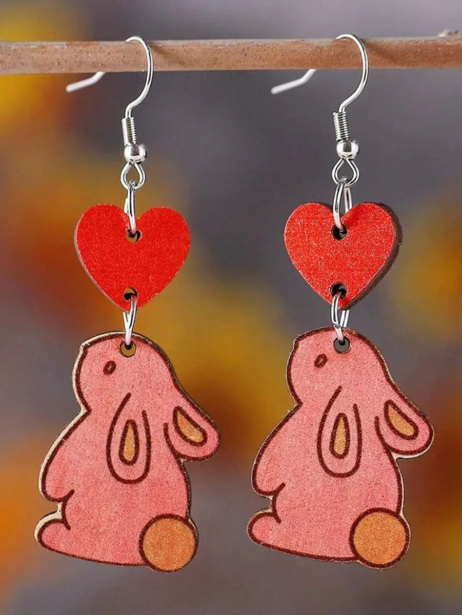 1 Pair Princess Cute Rabbit Printing Wood Drop Earrings