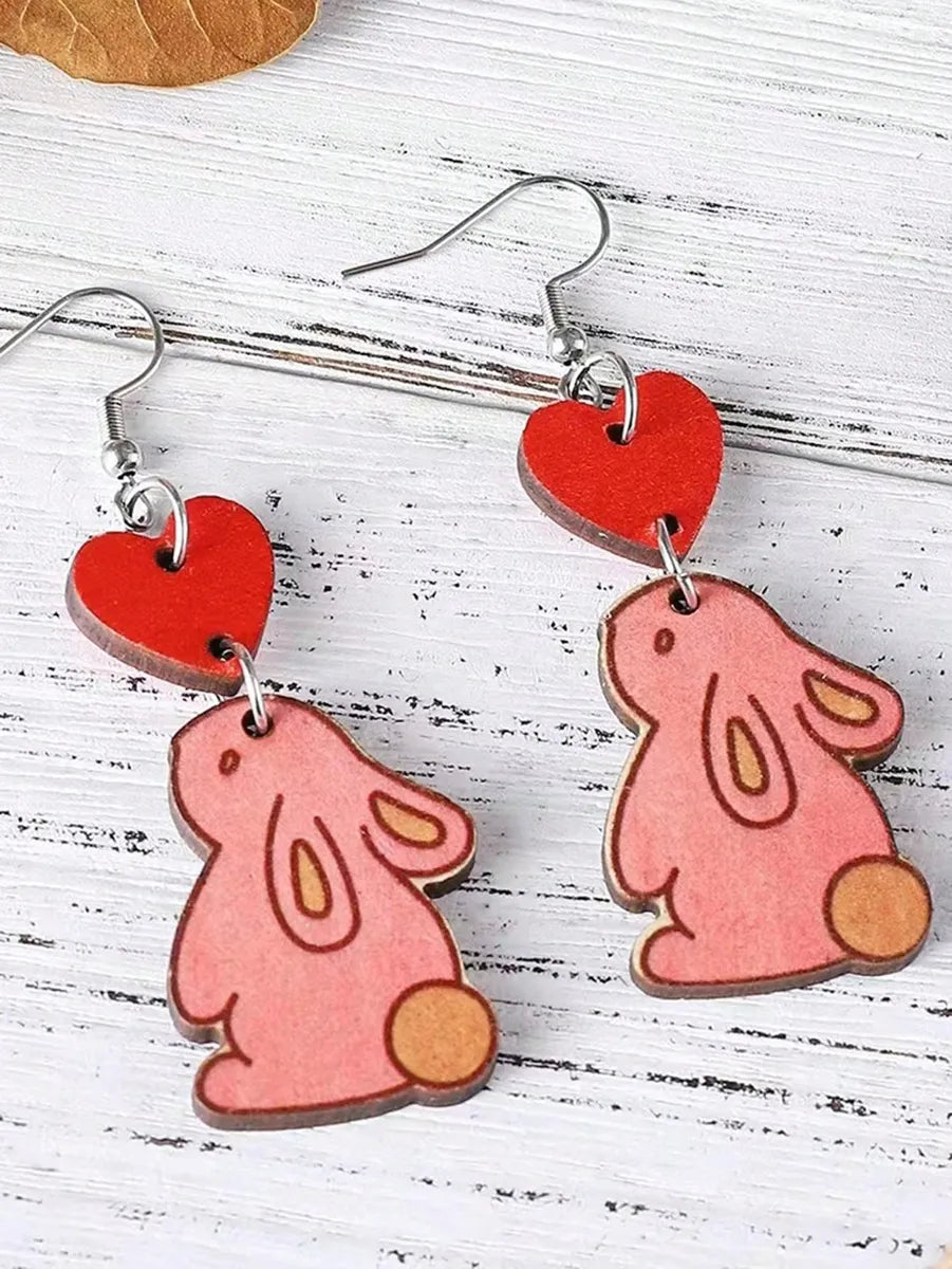 1 Pair Princess Cute Rabbit Printing Wood Drop Earrings