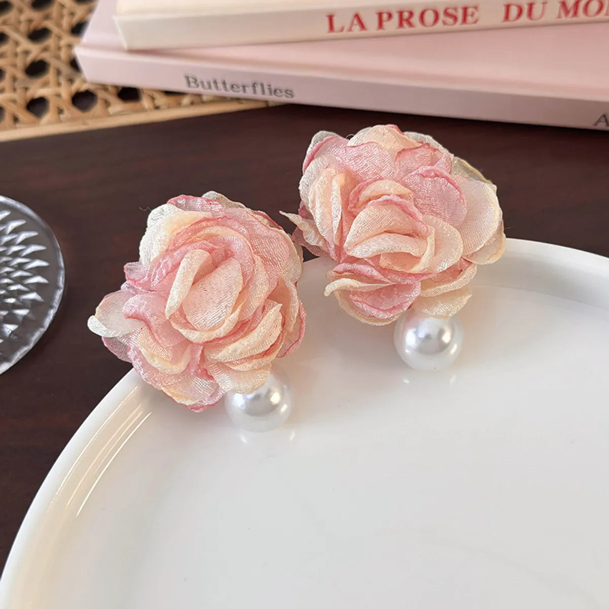 1 Pair Princess Flower Imitation Pearl Cloth Ear Studs