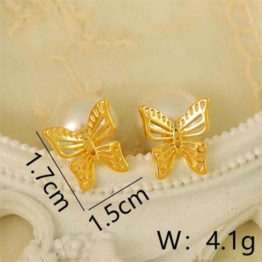 1 Pair Princess French Style Sweet Butterfly Hollow Out Inlay Copper Pearl 14K Gold Plated Ear Studs