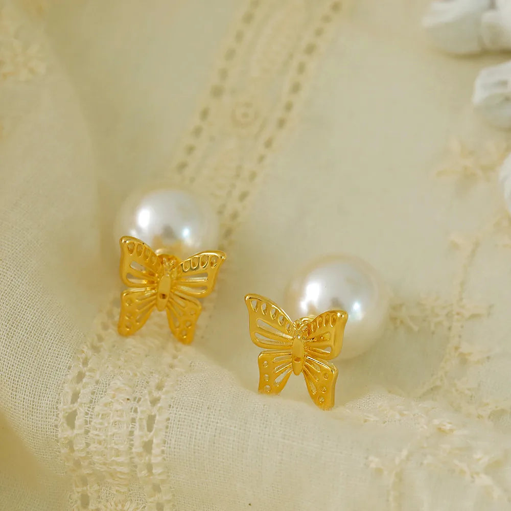 1 Pair Princess French Style Sweet Butterfly Hollow Out Inlay Copper Pearl 14K Gold Plated Ear Studs