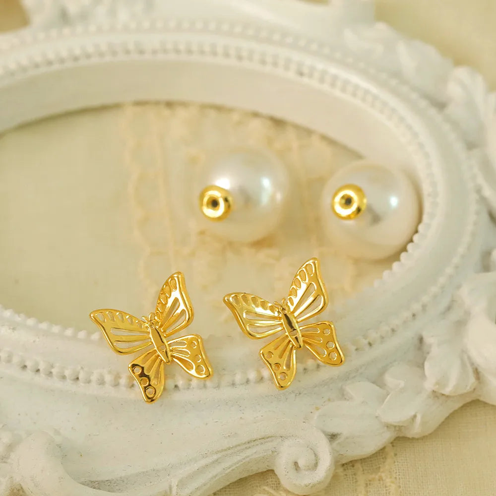 1 Pair Princess French Style Sweet Butterfly Hollow Out Inlay Copper Pearl 14K Gold Plated Ear Studs