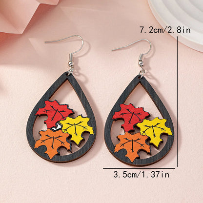 1 Pair Princess Handmade Pastoral Maple Leaf Water Droplets Hollow Out Wood Drop Earrings