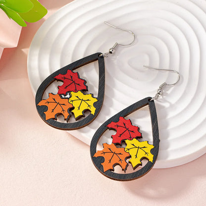 1 Pair Princess Handmade Pastoral Maple Leaf Water Droplets Hollow Out Wood Drop Earrings