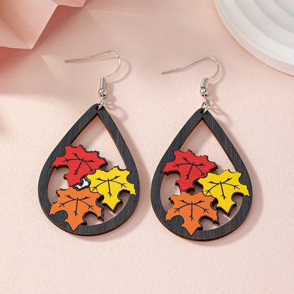 1 Pair Princess Handmade Pastoral Maple Leaf Water Droplets Hollow Out Wood Drop Earrings