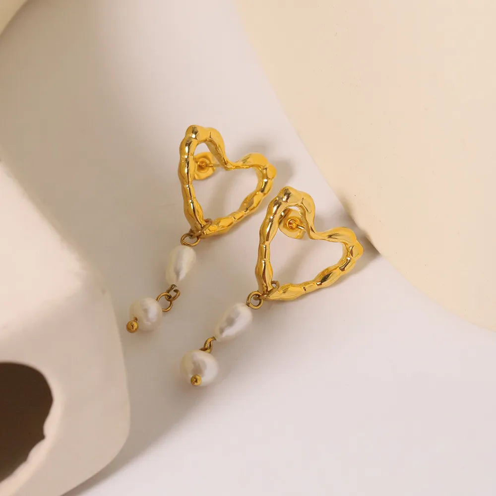 1 Pair Princess Sweet Heart Shape Inlay 304 Stainless Steel Pearl Gold Plated Drop Earrings