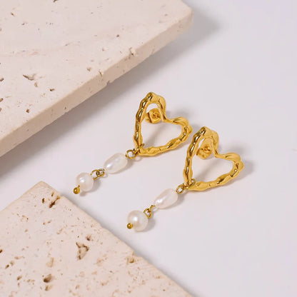 1 Pair Princess Sweet Heart Shape Inlay 304 Stainless Steel Pearl Gold Plated Drop Earrings