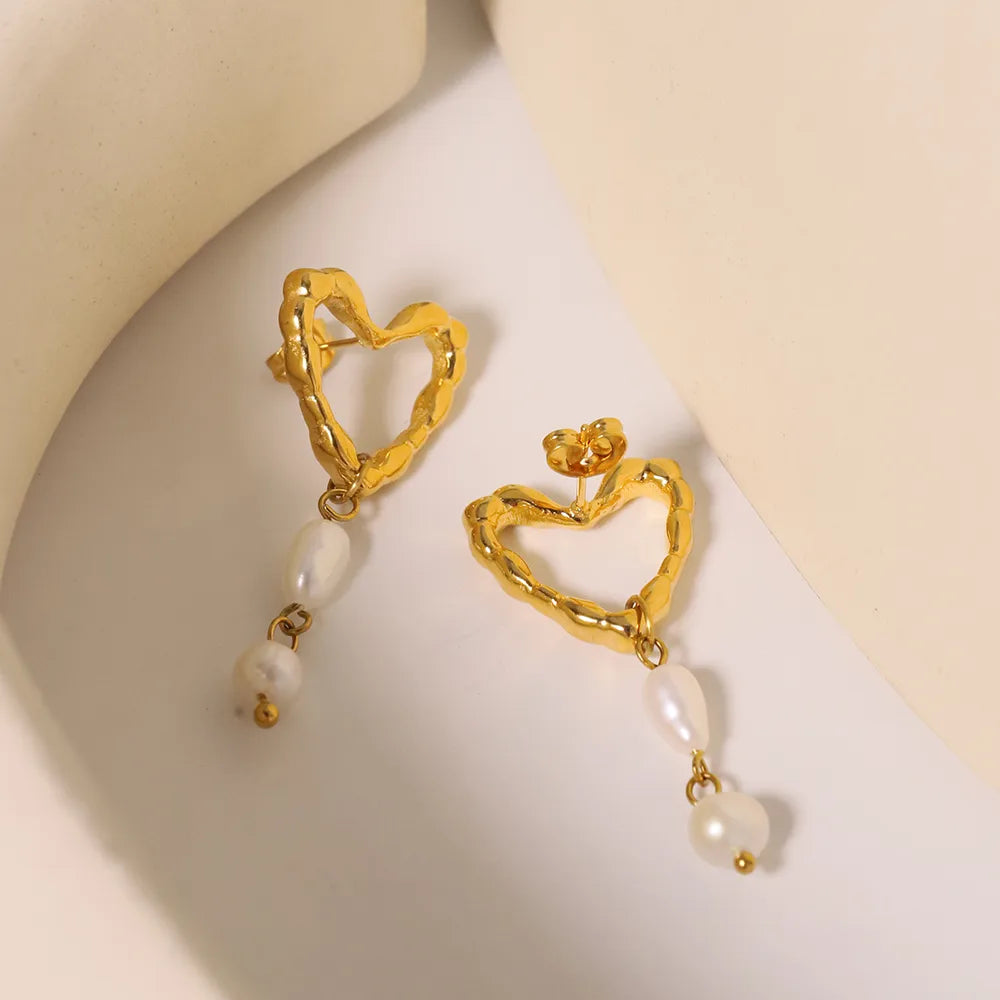 1 Pair Princess Sweet Heart Shape Inlay 304 Stainless Steel Pearl Gold Plated Drop Earrings