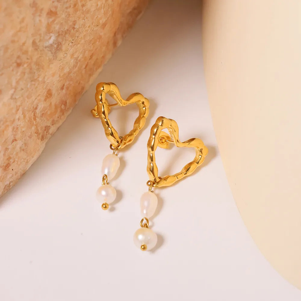 1 Pair Princess Sweet Heart Shape Inlay 304 Stainless Steel Pearl Gold Plated Drop Earrings