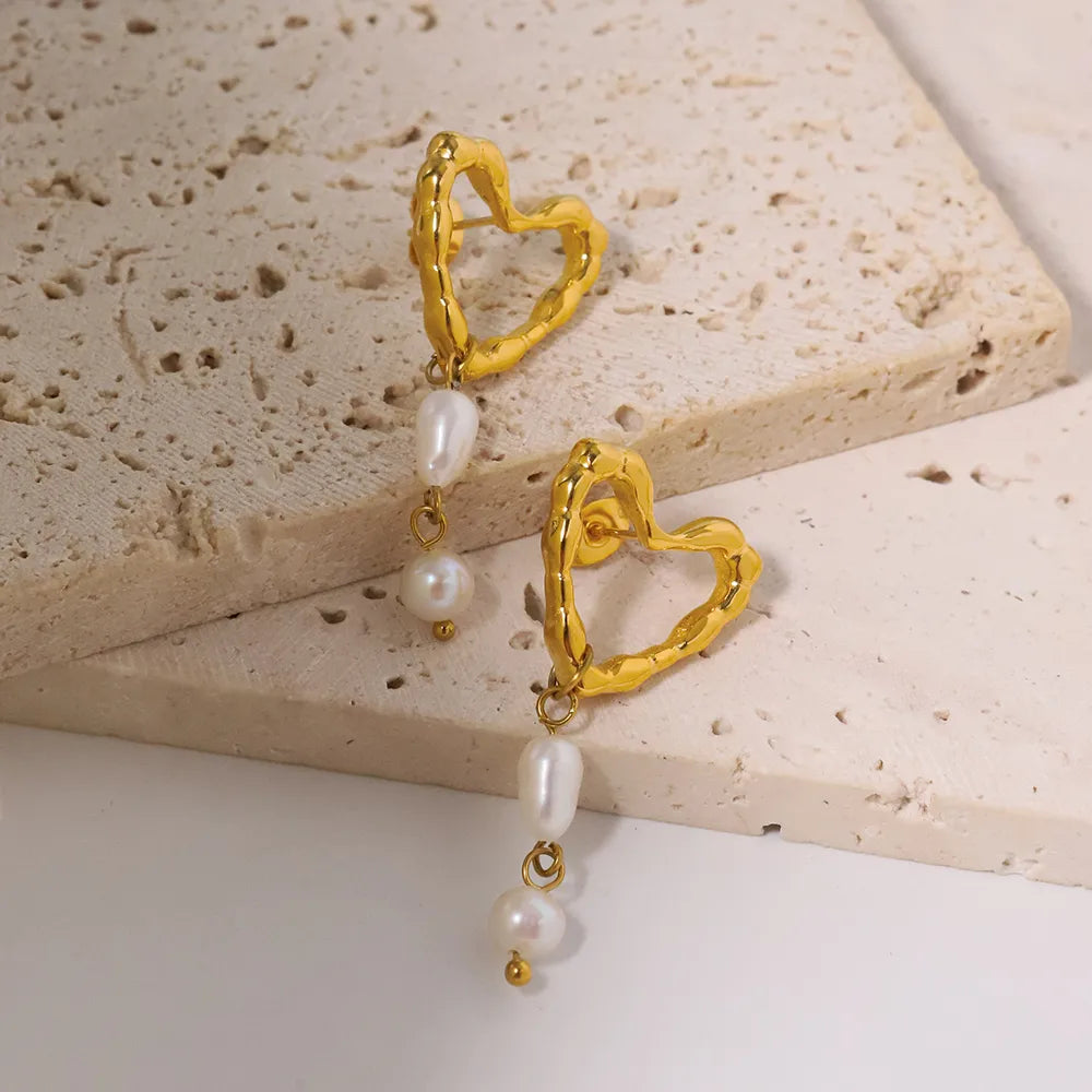 1 Pair Princess Sweet Heart Shape Inlay 304 Stainless Steel Pearl Gold Plated Drop Earrings