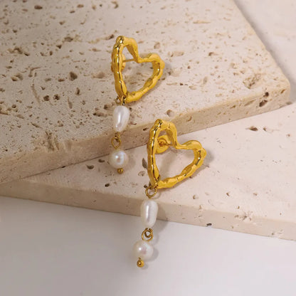 1 Pair Princess Sweet Heart Shape Inlay 304 Stainless Steel Pearl Gold Plated Drop Earrings