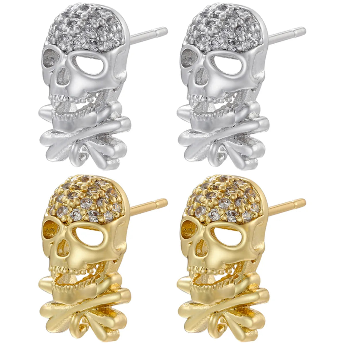 1 Pair Punk Skull Copper Plating Hollow Out Inlay Zircon 18k Gold Plated Ear Studs