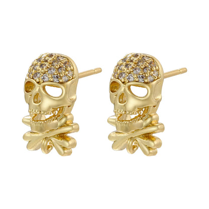 1 Pair Punk Skull Copper Plating Hollow Out Inlay Zircon 18k Gold Plated Ear Studs