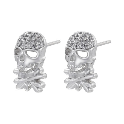 1 Pair Punk Skull Copper Plating Hollow Out Inlay Zircon 18k Gold Plated Ear Studs