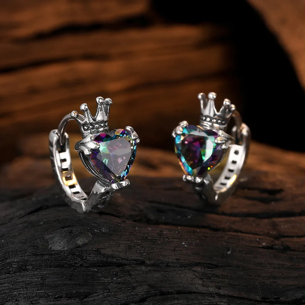 1 Pair Punk Streetwear Heart Shape Crown Inlay Copper Zircon Earrings