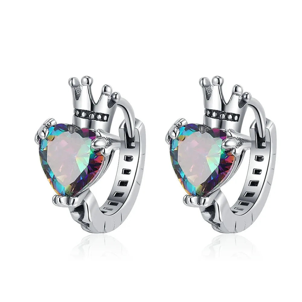 1 Pair Punk Streetwear Heart Shape Crown Inlay Copper Zircon Earrings