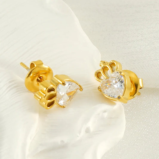 1 Pair Queen Shiny Heart Shape Crown Inlay Stainless Steel Zircon 18K Gold Plated Ear Studs