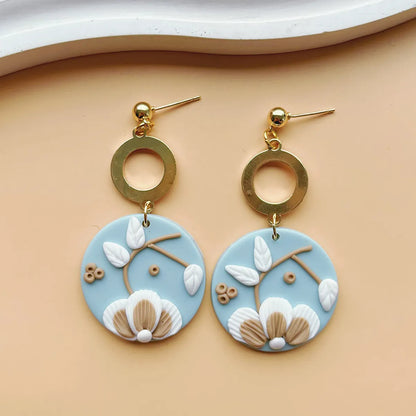 1 Pair Retro Artistic Geometric Flower Handmade Soft Clay Drop Earrings