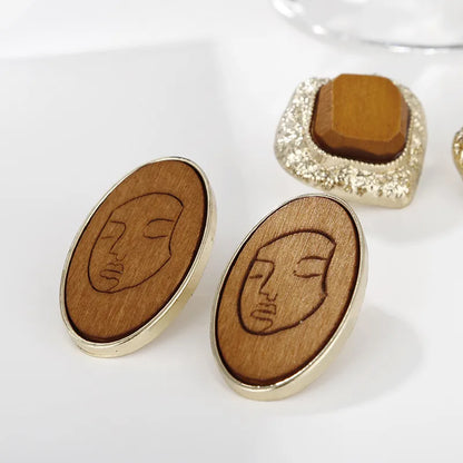 1 Pair Retro Artistic Human Face Geometric Alloy Wood Ear Studs