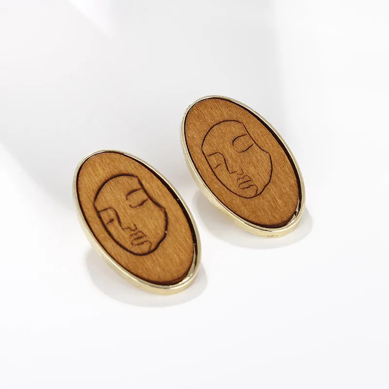 1 Pair Retro Artistic Human Face Geometric Alloy Wood Ear Studs