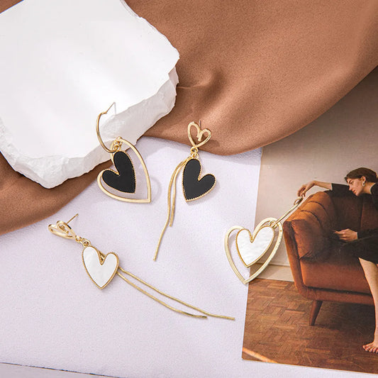 1 Pair Retro Asymmetrical Heart Shape Tassel Plating Inlay Copper Shell 18k Gold Plated Drop Earrings