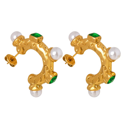 1 Pair Retro Baroque Style C Shape Plating Inlay Titanium Steel Artificial Pearls Glass Stone 18k Gold Plated Ear Studs