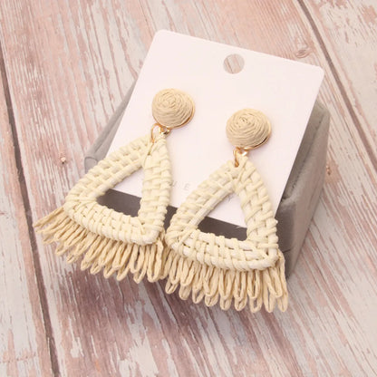 1 Pair Retro Bohemian Beach Triangle Flower Beaded Braid Wood Straw Drop Earrings