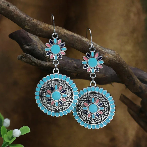 1 Pair Retro Bohemian Color Block Inlay Zinc Alloy Turquoise Drop Earrings