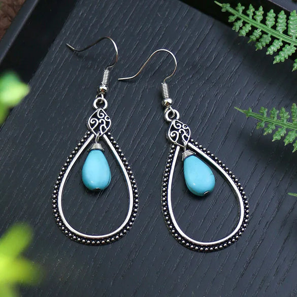 1 Pair Retro Bohemian Color Block Inlay Zinc Alloy Turquoise Drop Earrings