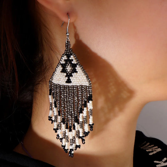 1 Pair Retro Bohemian Color Block Rhombus Beaded Tassel Glass Drop Earrings