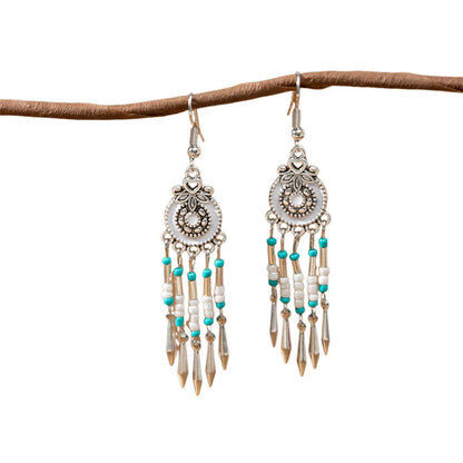 1 Pair Retro Bohemian Geometric Beaded Plating Inlay Alloy Turquoise Drop Earrings