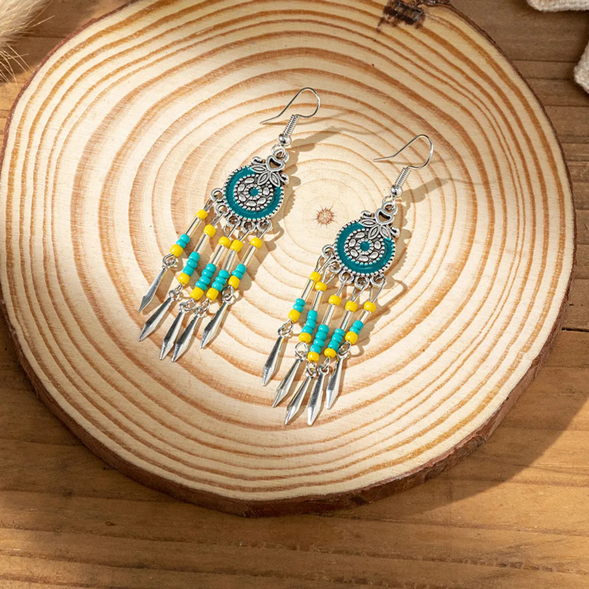 1 Pair Retro Bohemian Geometric Beaded Plating Inlay Alloy Turquoise Drop Earrings