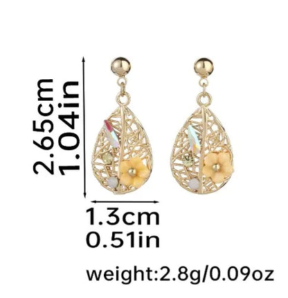 1 Pair Retro Bohemian Water Droplets Hollow Out Inlay Copper Zircon 14K Gold Plated Drop Earrings