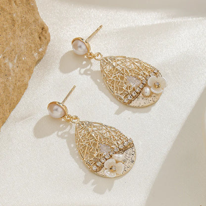 1 Pair Retro Bohemian Water Droplets Hollow Out Inlay Copper Zircon 14K Gold Plated Drop Earrings