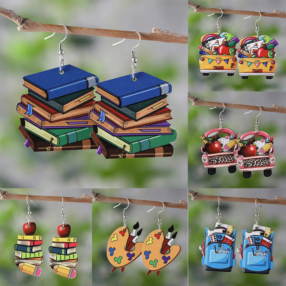 1 Pair Retro Book Cartoon Car Wood Drop Earrings