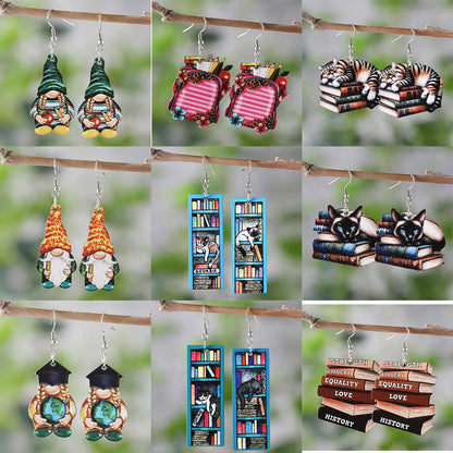 1 Pair Retro Book Cartoon Cat Wood Drop Earrings